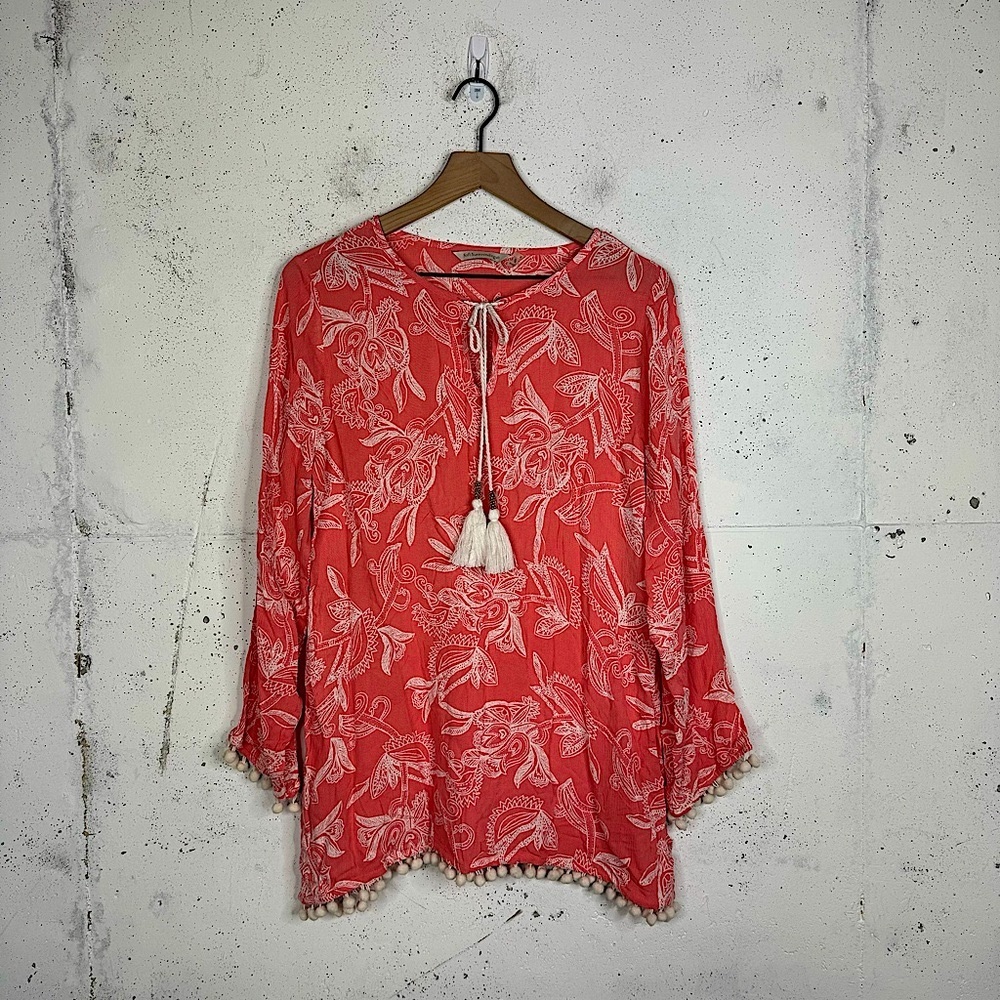 Soft Surroundings Fringr Tassel Keyhole Front Nautical Blouse Boho Floral Medium